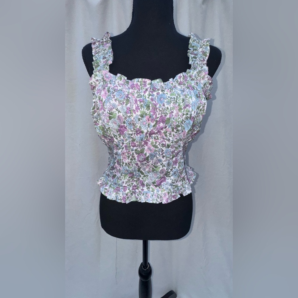 Lush, Floral Smocked, Ruffled Crop Top, Women, Size Small
